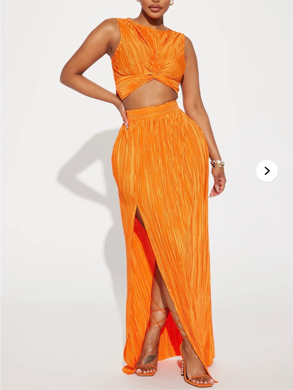 Fashion Nova Bright Orange Pleated High-Slit Maxi Skirt Set